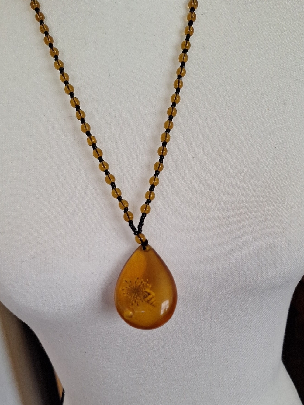 Vintage, Amber Teardrop Pendant Necklace - Honey Amber Color